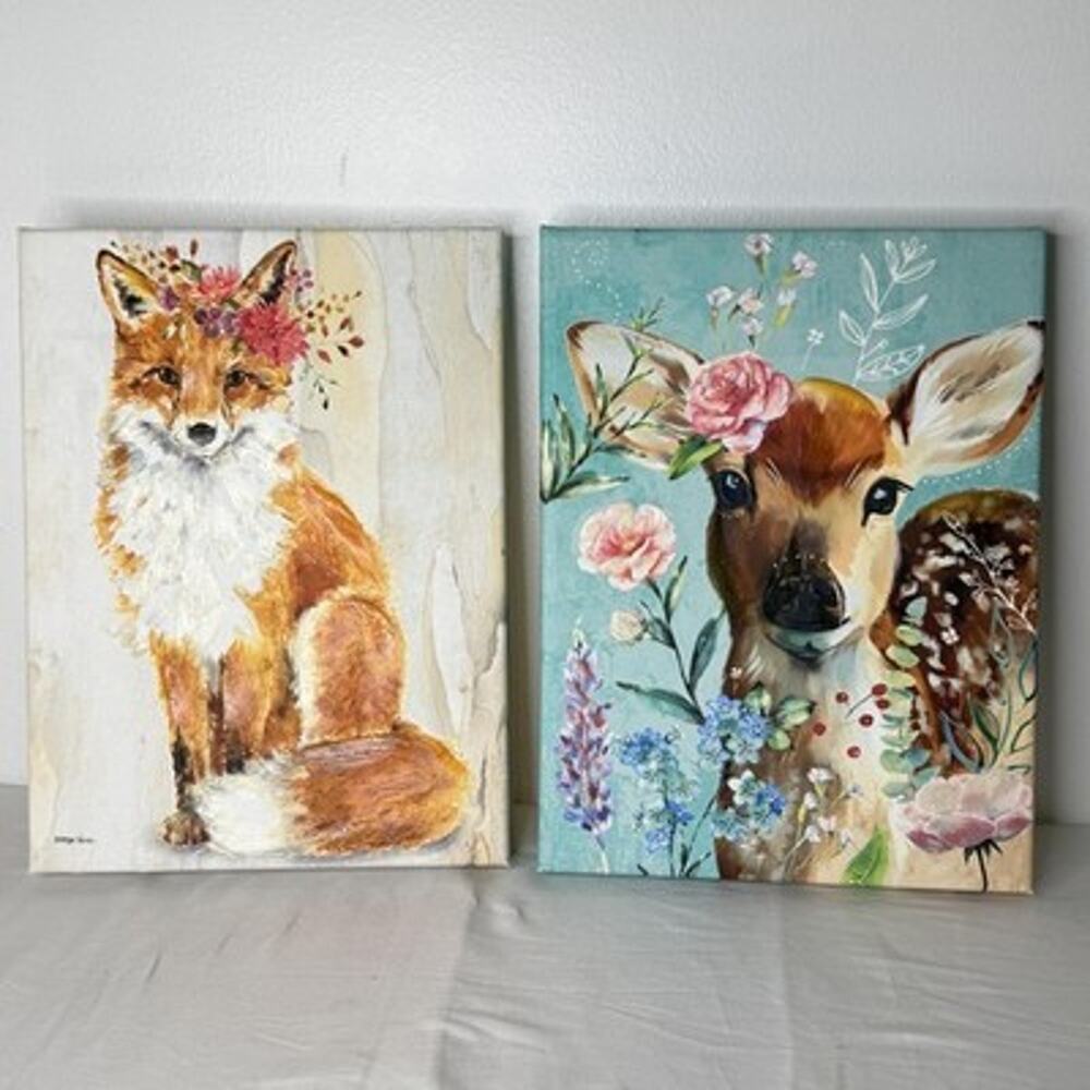 Floral Fox Deer Canvas Wall Art Prints Set Of 2 Nursery Nature Decor Kids